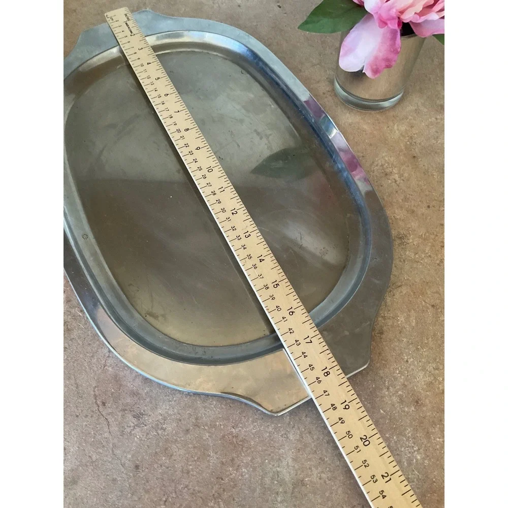 Vintage Oval Stainless Steel Serving Platter Tray with Handles 19.5 Inch MCM